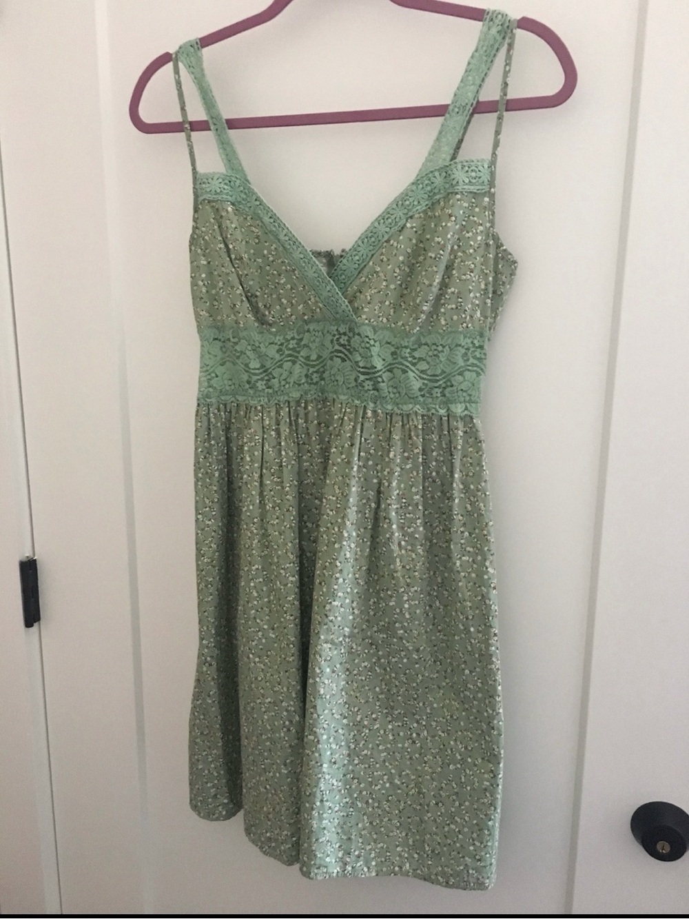 Doe & Rae Sage Green Floral Mini Dress with Lace Yoke